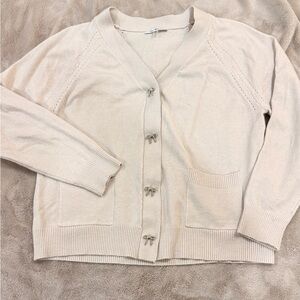 Women's Cream Silver Bow Button Cardigan Sweater